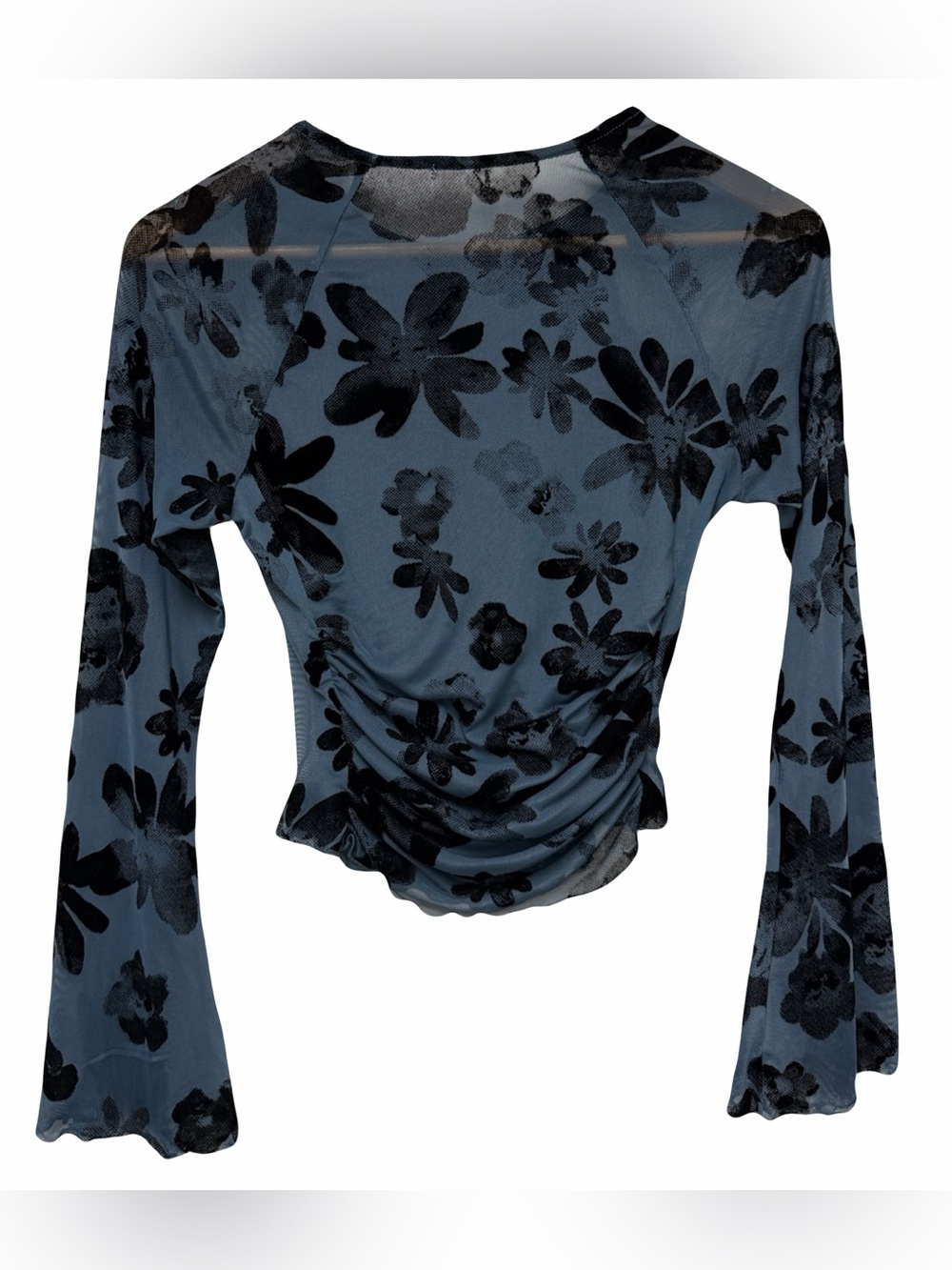 Blue Mesh Bell Sleeve Top with velvet floral detail